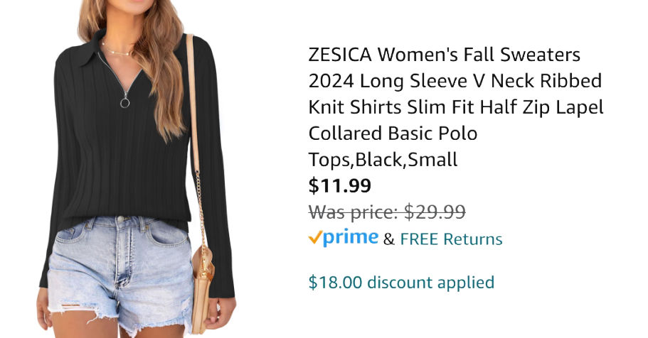 woman wearing black quarter zip next to Amazon pricing information