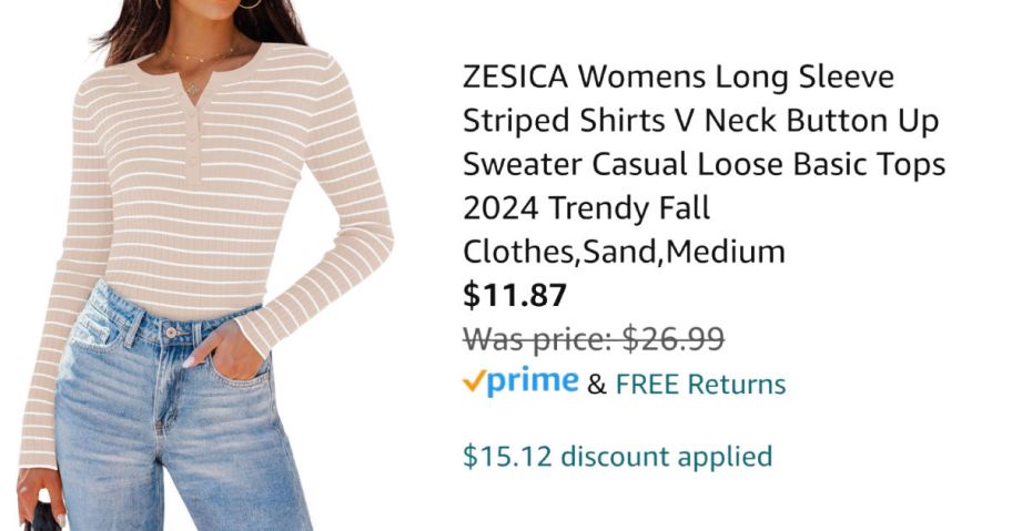 Woman wearing striped shirt next to Amazon pricing information
