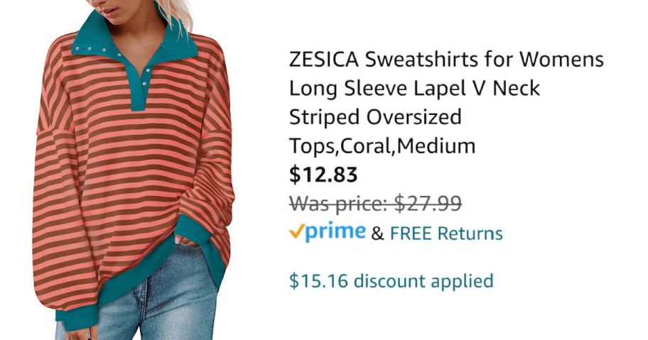 Woman wearing striped shirt next to Amazon pricing information