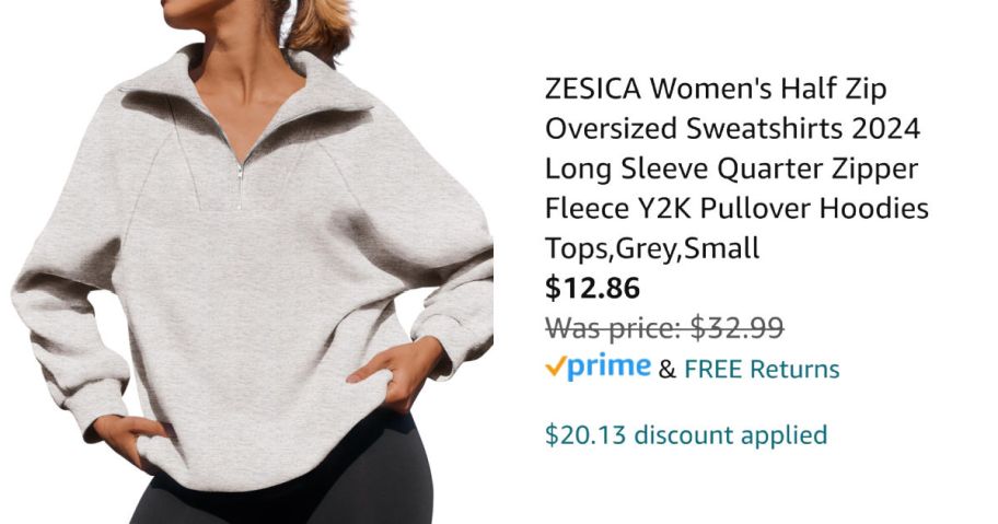 Woman wearing gray sweatshirt next to Amazon pricing information