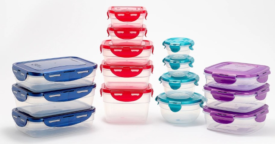 a set of 15 difference shape and size clear plastic food storage containers with colorful lids