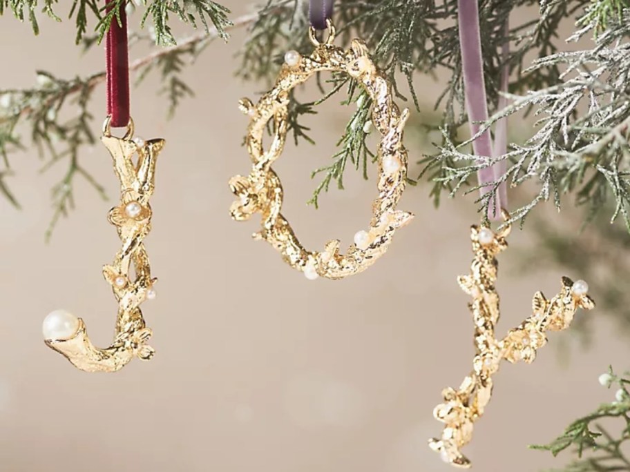 gold leave vine letter shaped monogram Christmas ornaments, J, O, & Y