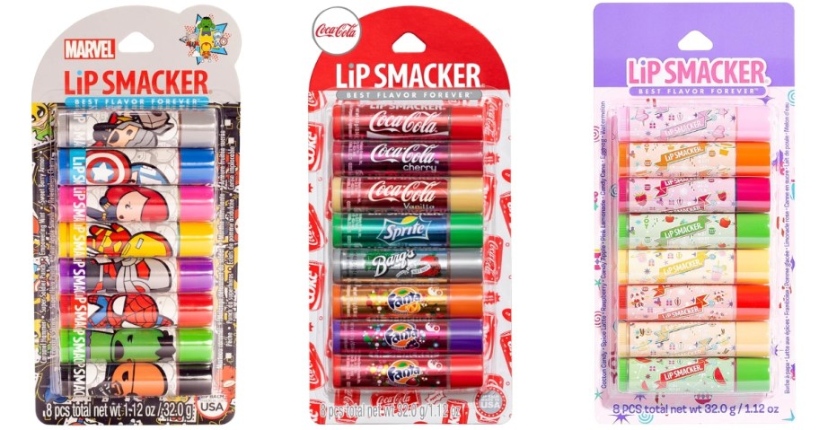 packs of Lip Smacker lip balms, Marvel Avengers themed, Coco-Cola flavors, and a pack with Holiday & Best Flavors