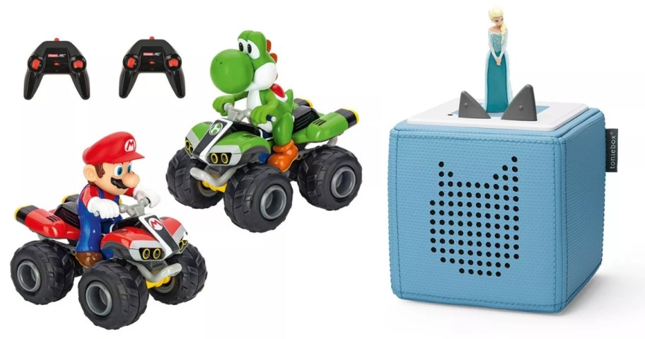 Mario and Yoshi remote control cars and remotes and a blue Disney Frozen Tonies audio box