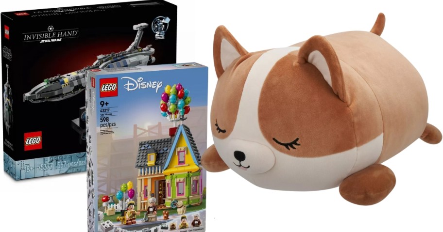 Lego Star Wars set and Lego Disney Up House set, large corgi squishmallow sleeping stuffed animal