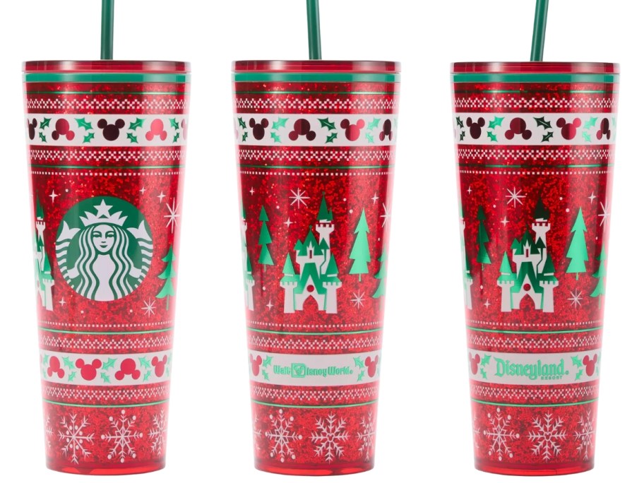 a Disney Starbucks holiday tumbler showingn the front and back side