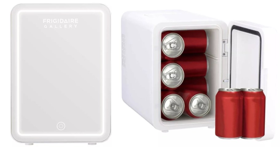 a closed white mini fridge and an open a white mini can frigde with red soda ands