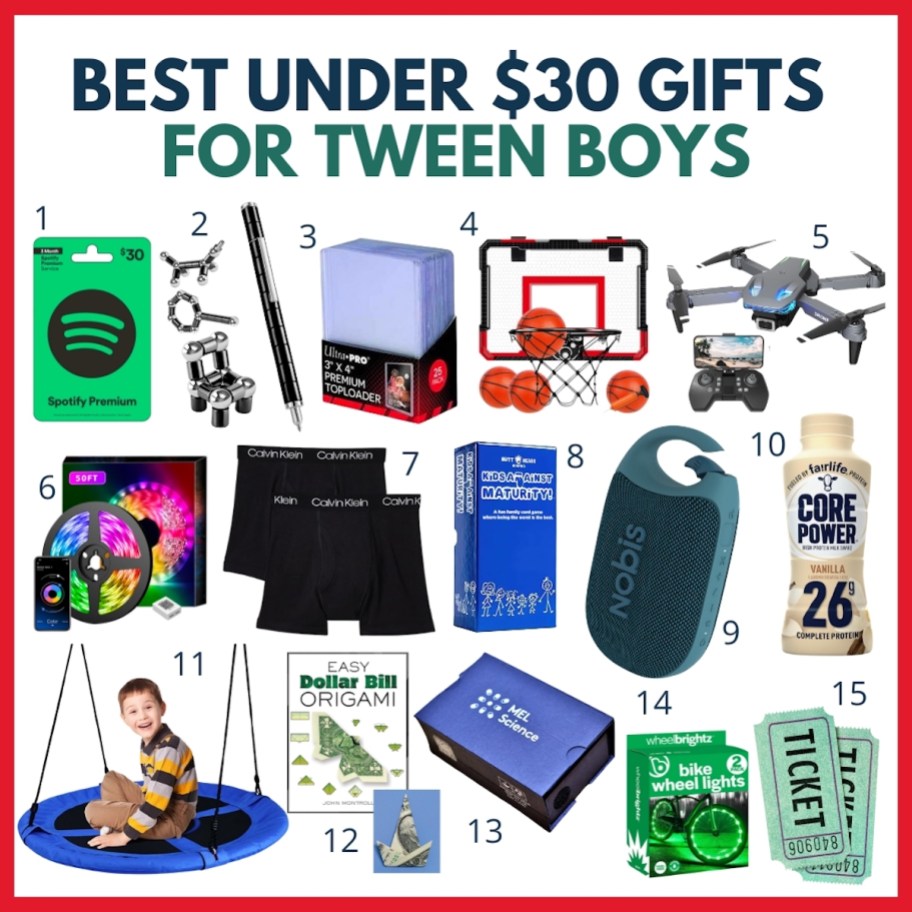 collage of best under $30 gifts for tween boys