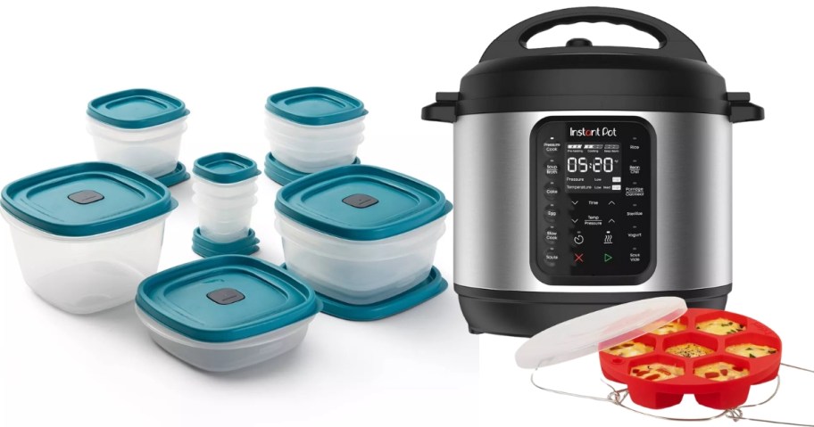 a Rubbermaid food storage set with teal lids and a black Instant pot cooker