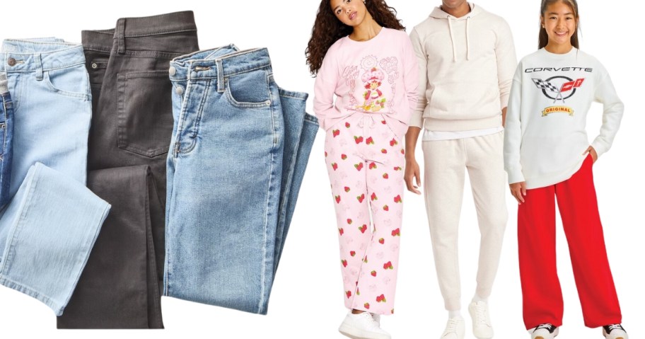 jeans folded over and woman, man, and kid wearing fleece sweatshirts and pants