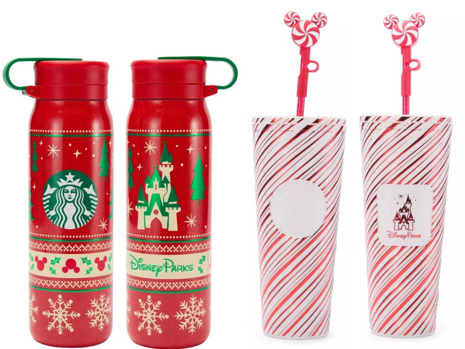a Disney Starbucks holiday water bottle and tumbler showing the front and back of each