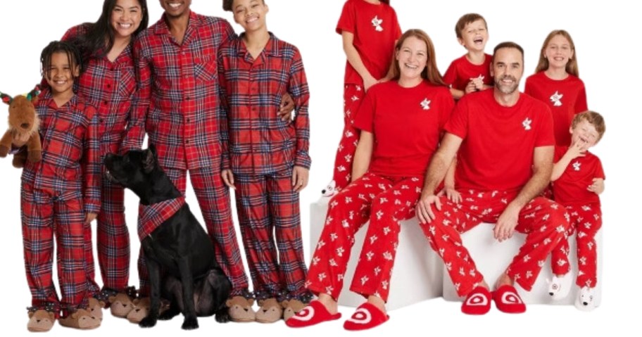 A family wearing matching red plaid pajamas with a black dog, a family wearing matching red tops and fleece pajama pants with a bullseye dog from Target, two sets of holiday print children's pajamas