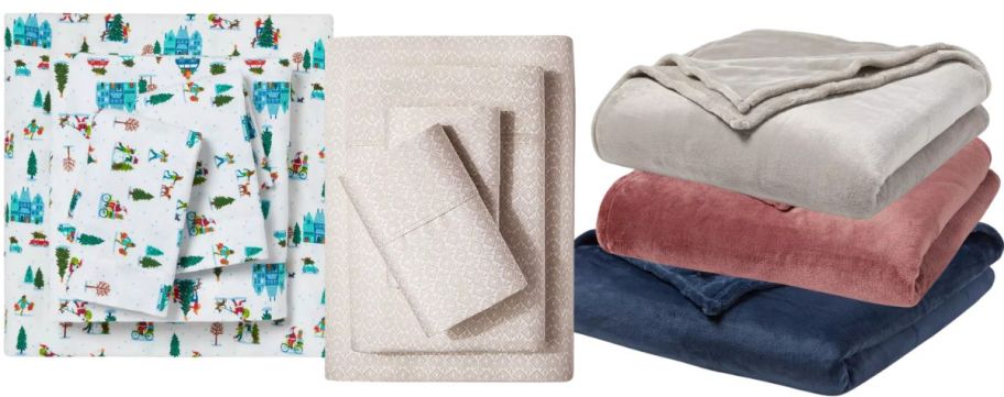 Holiday printed bed sheets, tan and white printed bed sheets, and 3-ply luxurious bed blankets in blue, mauve, and light gray.