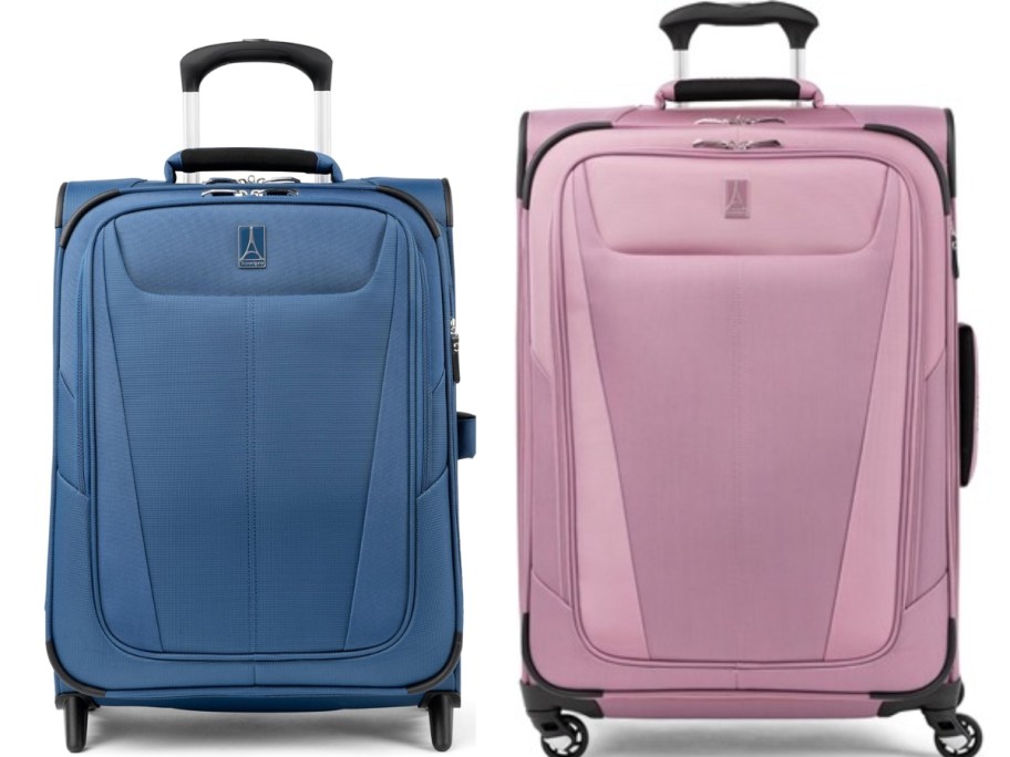 two checked size luggage pieces with spinner wheels and handles, one is a medium blue and the other is a light pink, the pink is a larger size