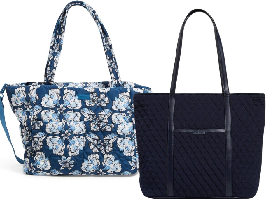 a blue floral tote bag and a solid black tote bag