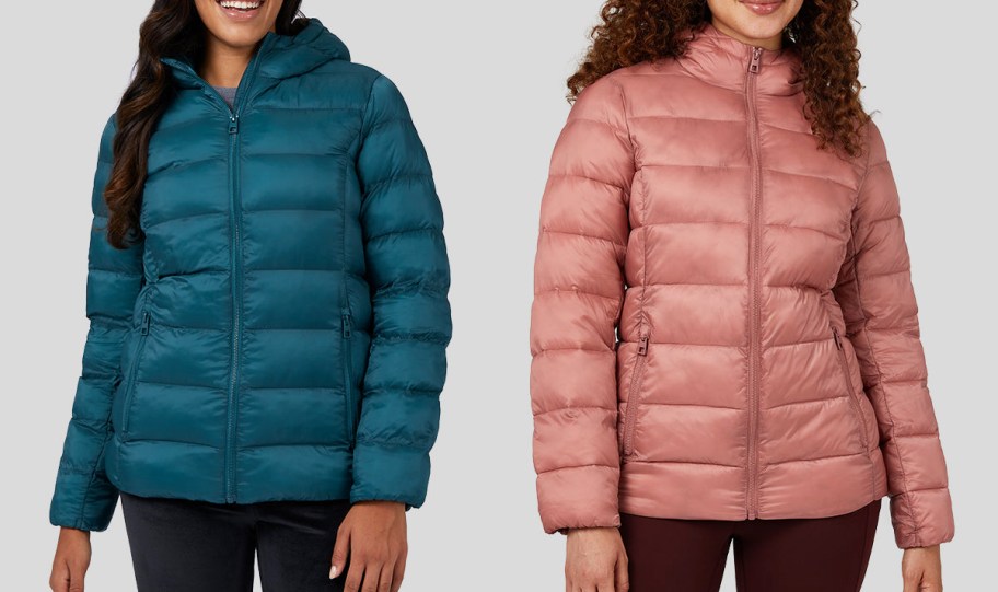 two women in teal and pink jackets