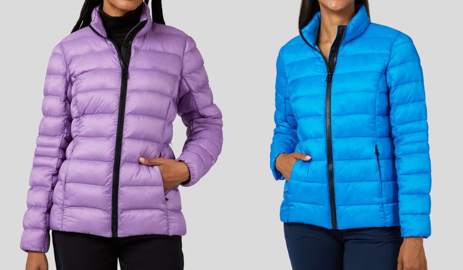 women in bright purple and blue jackets