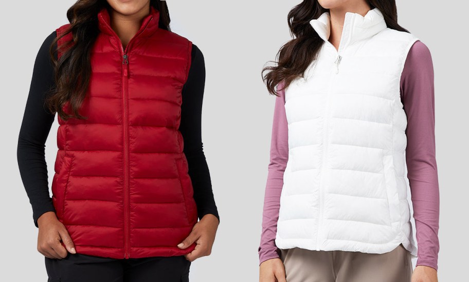 women in red and white puffer vests