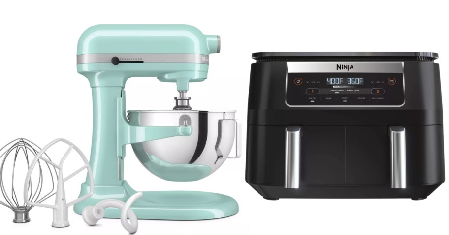 Light blue KitchenAid stand mixer and accessories and black Ninja Foodi air fryer