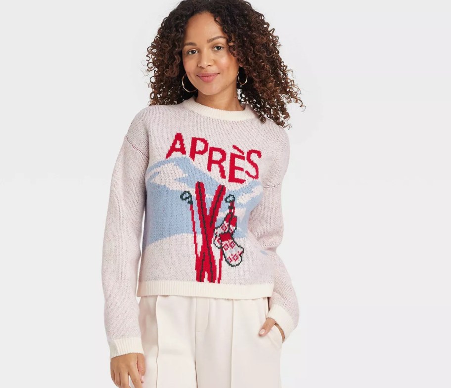 woman modeling apres ski sweater 