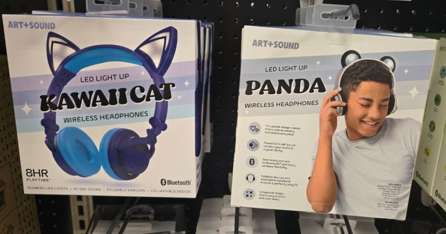 ART+SOUND Kawaii Cat and panda Kids Headphones hanging in store