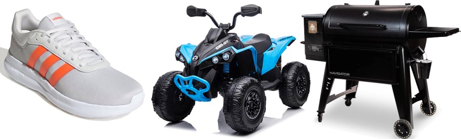 adidas sneaker, atv ride-on toy, and black pellet grill