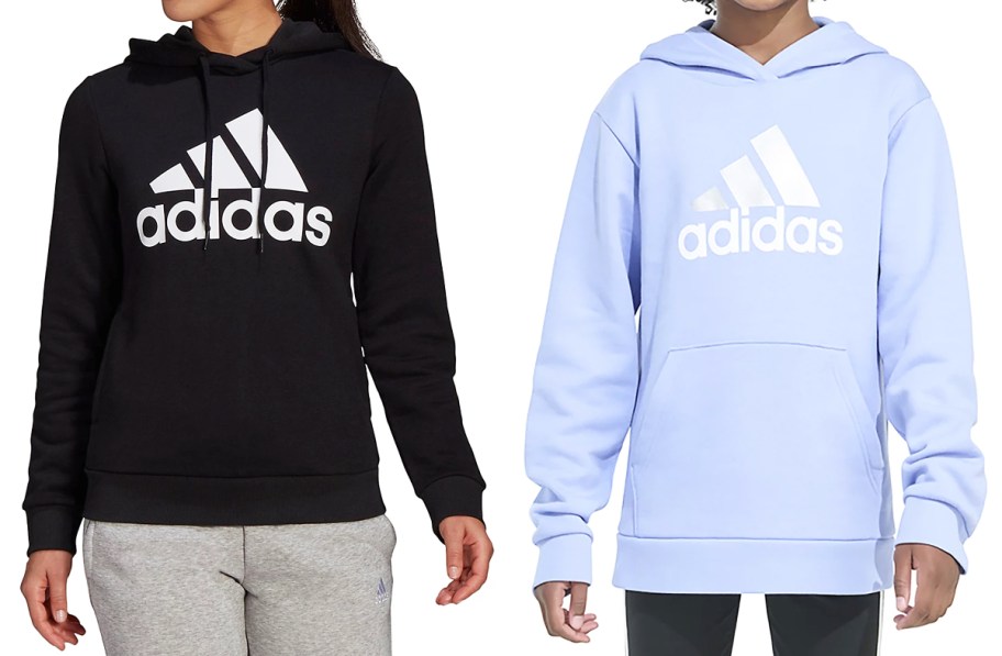 woman and girl in black and purple adidas hoodies