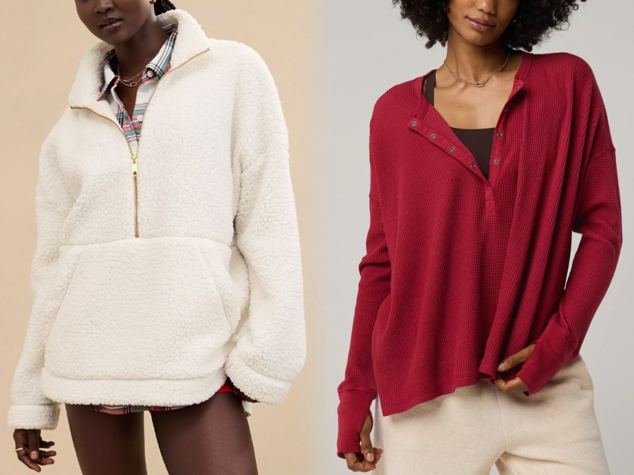 Aerie Sherpa Quarter Zip Sweatshirt and OFFLINE By Aerie Wow! Waffle Henley T-Shirt