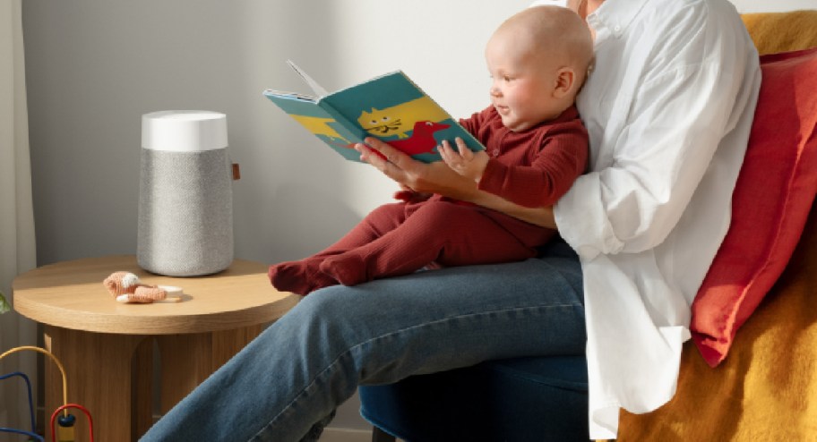 Air purifier next to baby reading a book on his mothers lap