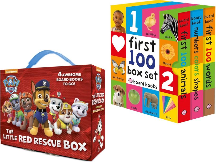 Stock images of a Paw Patrol Book Set and First 100 Words Books Set on Amazon