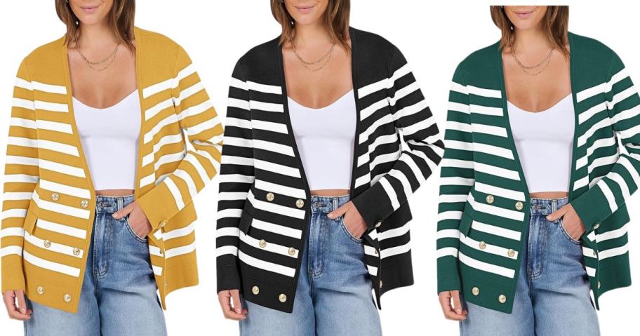 three women wearing Anrabess Women's Striped Cardigans