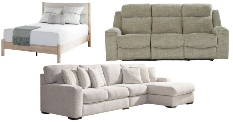 A bed, couch, and sectional
