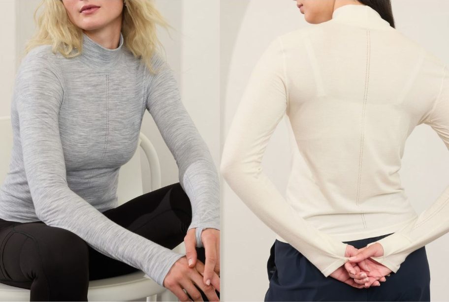 Two women wearing Athleta Ascent Mock Turtlenecks