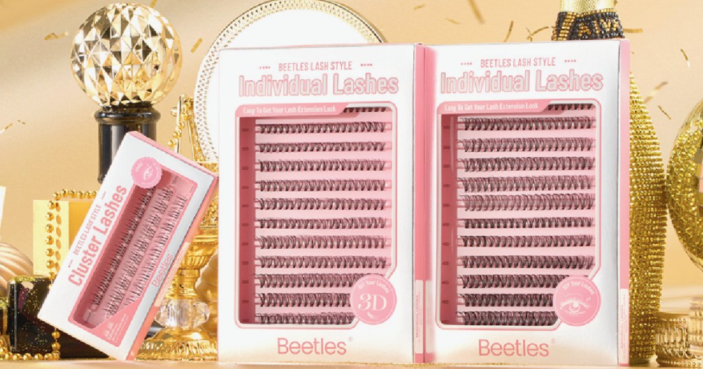 Beetles Lash Kits next to gold confetti