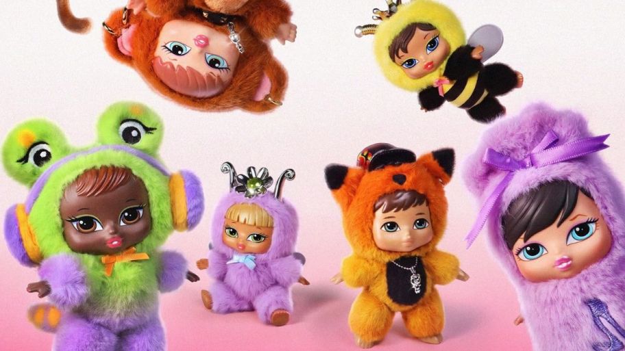 multiple differernt style baby bratz with purple background