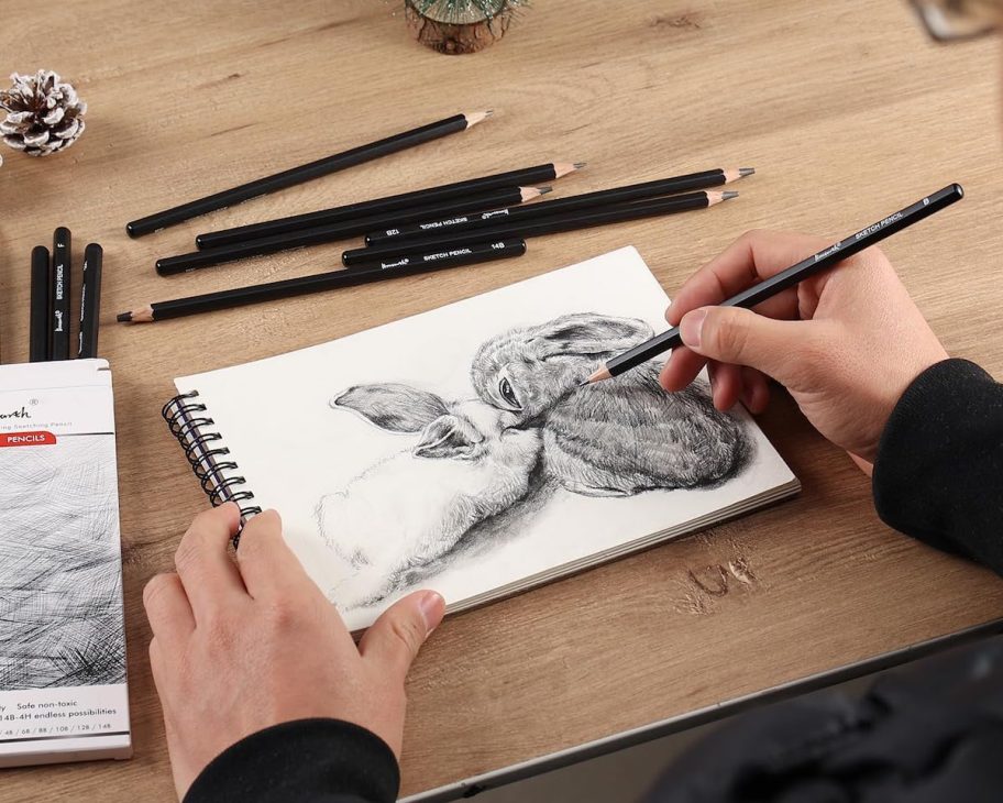 Person sketching a set of rabbits in a notebook with pencils on desk 