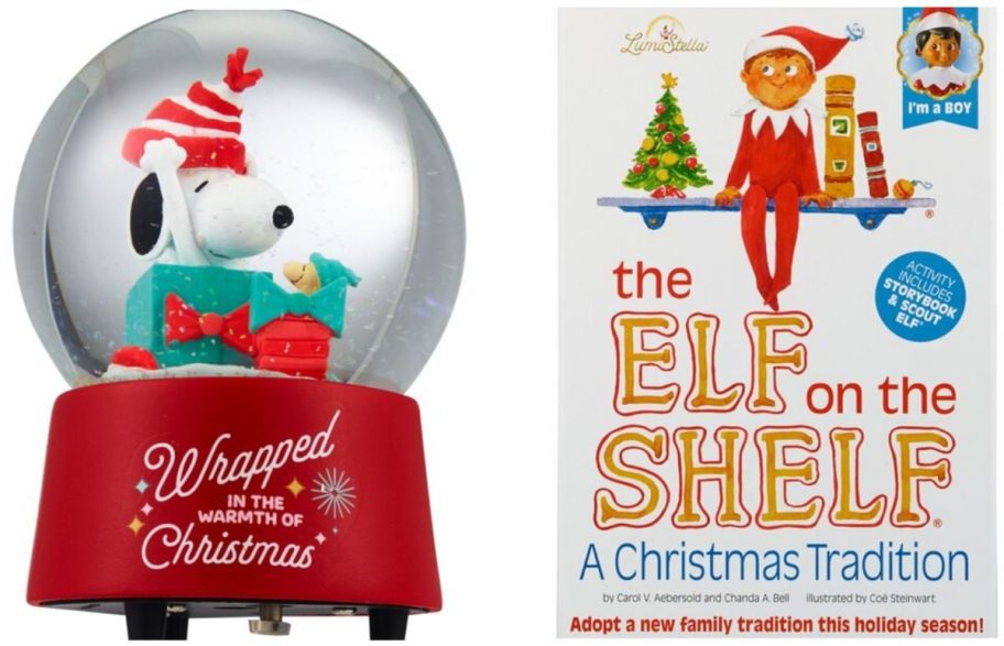 Stock image of a Snoopy Snow Globe and Elf on the Shelf