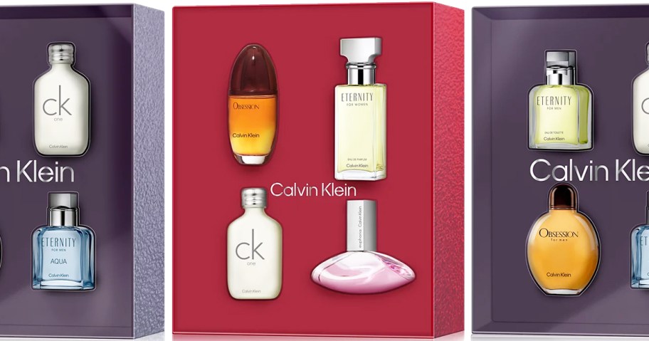 blue and red Calvin Klein gift set boxes