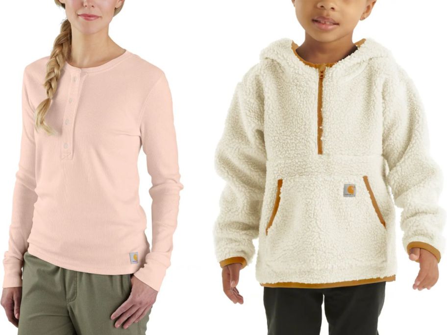 Stock images of a woman and a little girl wearing carhartt clothing 