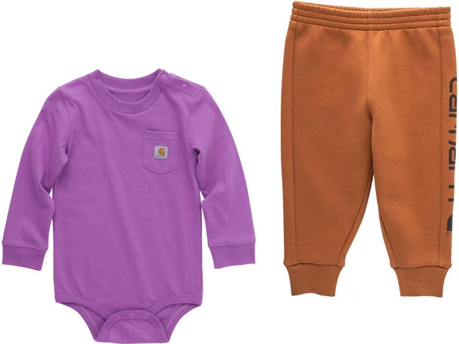 Stock images of a Carhartt Infant Bodysuit and sweatpants