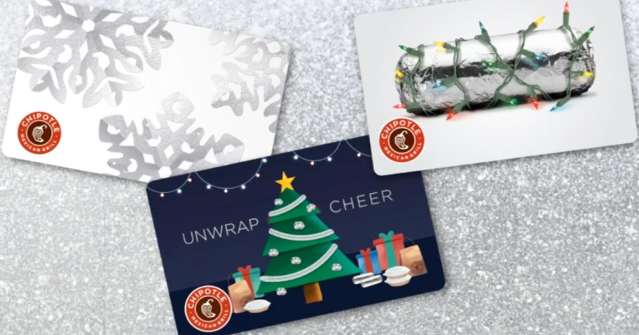 three christmas themed chipotle gift cards