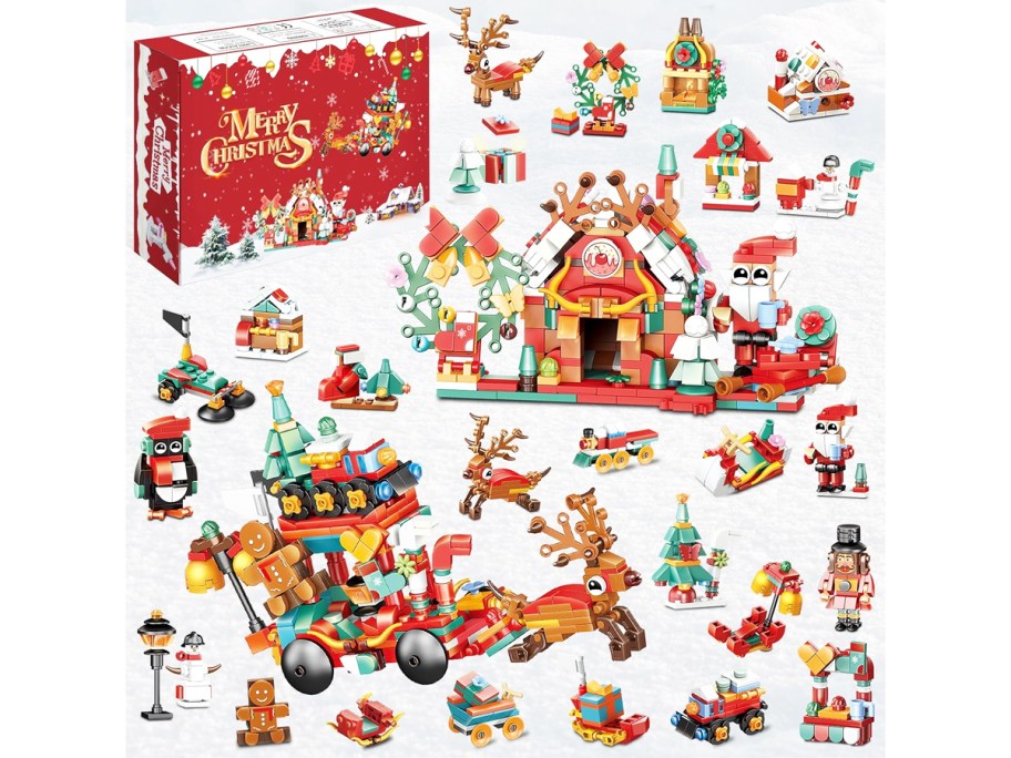 christmas building block toys in front of advent calendar box