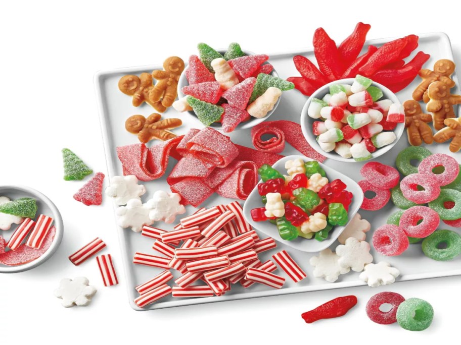 assorted Christmas candy on a charcuterie board