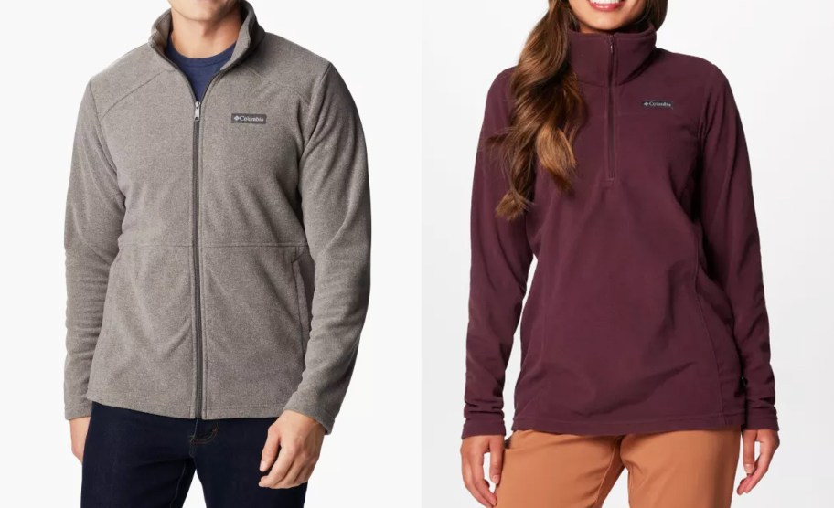 man and woman in fleece columbia jackets