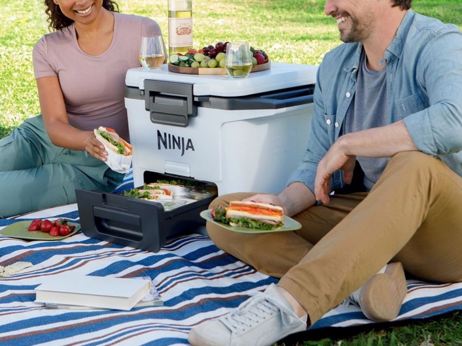 Couple having a picnic with a Ninja Frost Vault cooler in between them