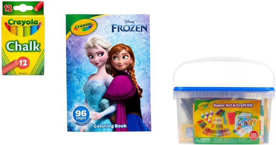 Stock images of a box of Crayola Colored Chalk, a Frozen Coloring Book and a 115-piece Craft Tub