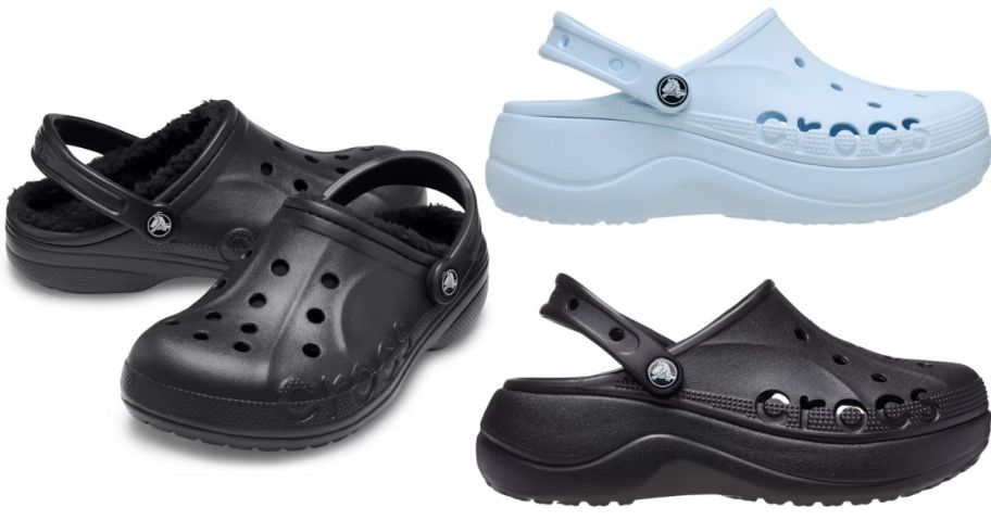 3 styles of crocs in black and ight blue