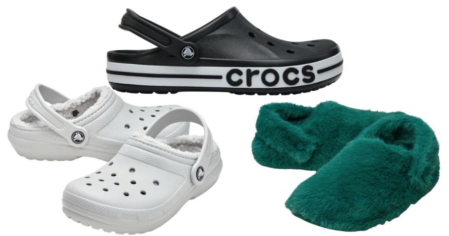 3 styles of crocs in blue and white, white, and a pair of slippers