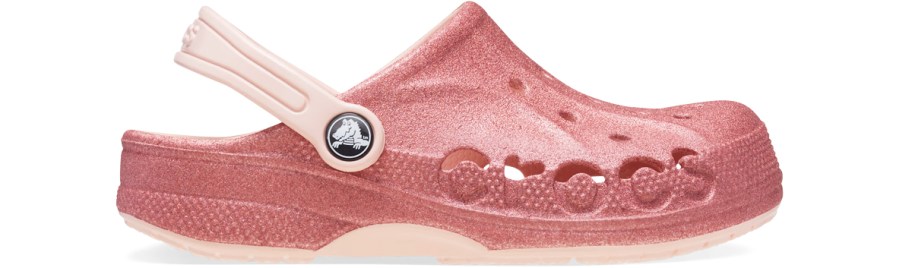 coral colored glittery crocs clog