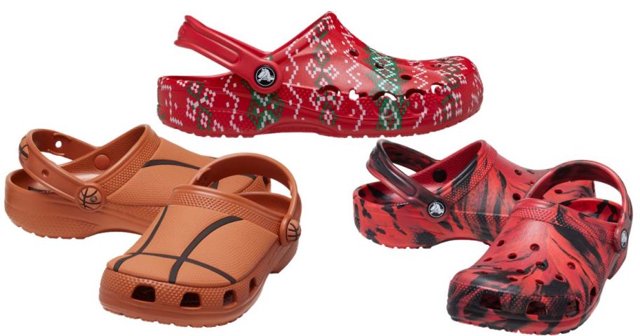3 styles of crocs in holiday, basketball, and red and black